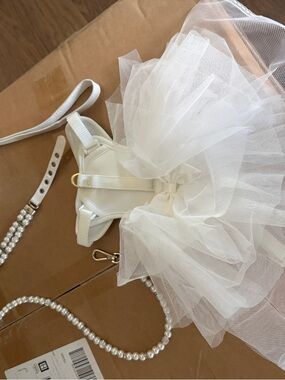 White Tulle Pet Harness Dress with Pearl Leash